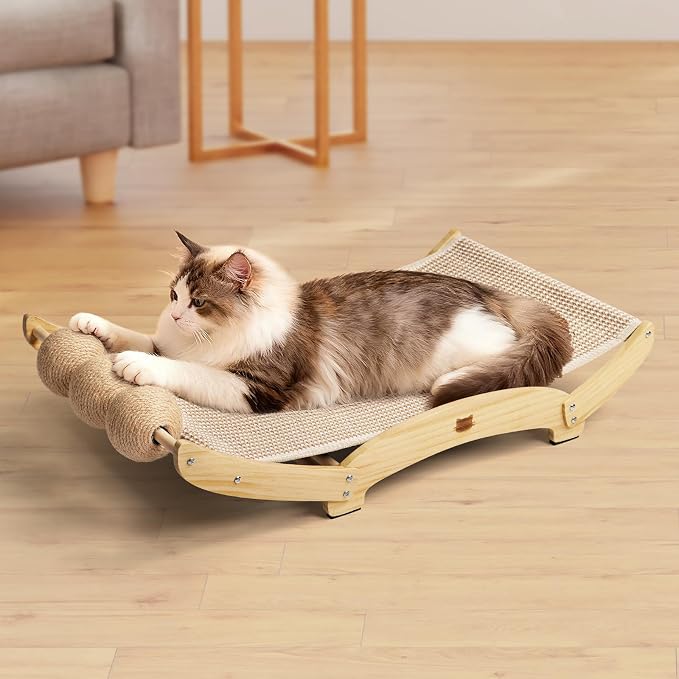 3 in 1 Sisal Cat Scratcher Bed, Solid Pine Cat Scratcher with Balls,Natural | Extra Large Cat Scratching Post with Hammock, Cat Scratcher for Scratch & Play & Rest, Cat Furniture for Indoor Cats, Kitten