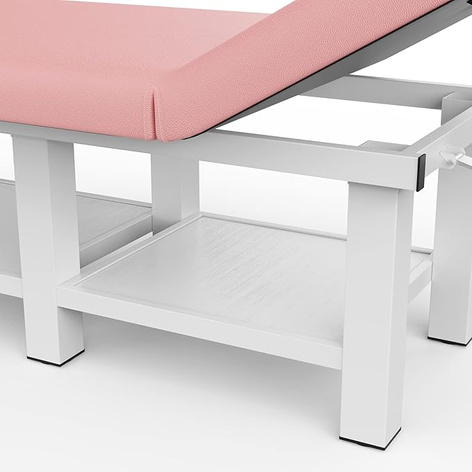 pouseayar 31.5'' Wide × 75'' Long Stationary Massage Table with Backrest and Storage Space for Treatment Table Physical Therapy Table Spa Facial Bed, 6 Square Legs Metal Frame PU Leather - Pink