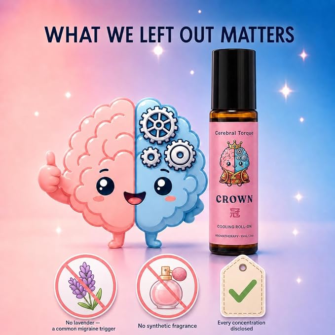 Crown Cooling Migraine and Muscle Aromatherapy Roll-On - Menthol, Magnesium, Bing Pian & Chuan Xiong Evidence-Based Blend | Lavender-Free | 10mL