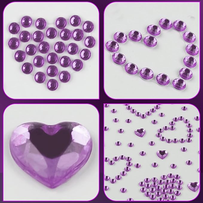 3 Sheers Purple Rhinestone Stickers Self Adhesive Face Gems Stick on Heart Face Jewels Stickers for Valentines Makeup Crystal Pearls for Eye Face Body Nails Crafts Decoration
