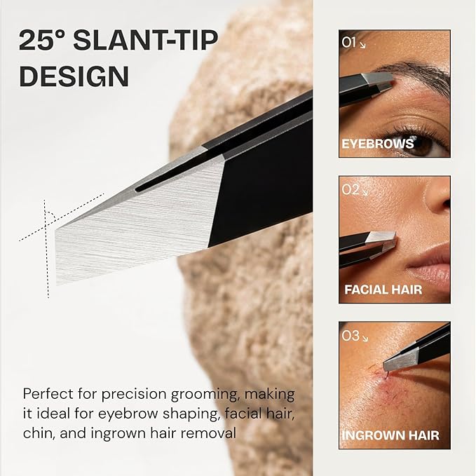 Ultra-Precision Professional Slant Tweezers for Women Facial Hair - German Stainless Steel, Lightweight Black Tweezers for Women & Men, Ideal for Eyebrow & Facial Grooming (3 Matte Black)