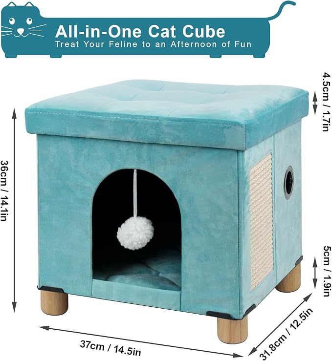 BRIAN & DANY Cat Beds for Indoor Cats,Cat Cave House for Kitten with Scratch Board & Ball, 14.5X 12.5X 14.1 inches, Green