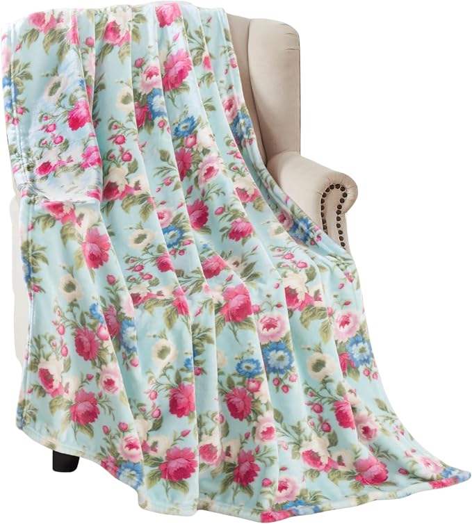Spring Velvet Fleece Floral Throw Blanket: Rose Garden of Pink Blue Green Flowers on a Colorful Soft Cozy Aqua Design, Oversized 50" x 70"