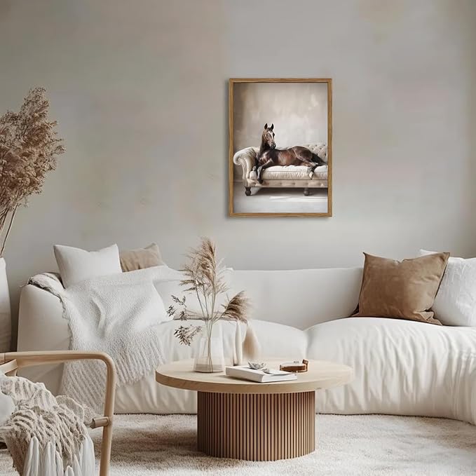 Framed Funny Horse Canvas Wall Art, Vintage Western Brown Horse On Sofa Pictures Wall Decor, Rustic Farmhouse Animal Paintings Prints for Living Room Bedroom Office Dorm 16x24 inch