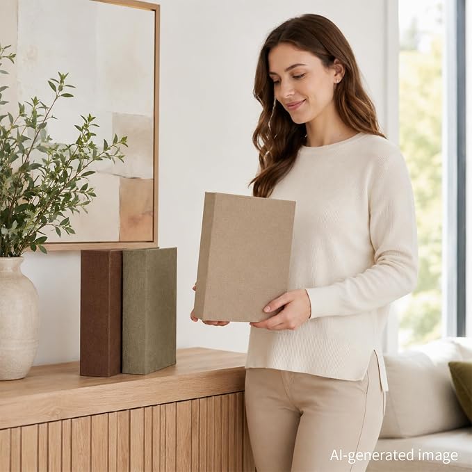 DECOR4SEASON Modern Linen and Wood Decorative Faux Book Boxes Set of 3, 10" | Stackable Storage Boxes for Shelves, Coffee Table, and Office Organization (Earth Tones)