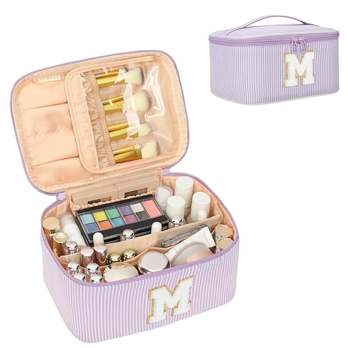 OCHEAL Makeup Bag Valentines Day Gifts for Women, Monogram Cosmetic Bag Purple Travel Makeup Case Beauty Toiletry Bag Organizer Personalized Gifts for Girls Bridesmaid, Sister, Wife, Friends Initial M