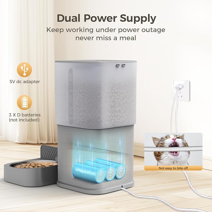 6L Automatic Cat Feeder with Dual Bowls, Button Control, Gray | Schedules 1-4 meals daily with adjustable portions, 10-second voice recording, locking lid, and AC or battery backup power.