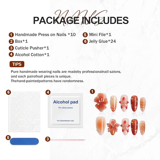 Handmade Press On Nails Almond, French Tips 3D Flowers Rhinestone Design Fake Nails Short, Salon-Quality Reusable, Women's Gift Fall/Winter Collection, 10Pcs Brown