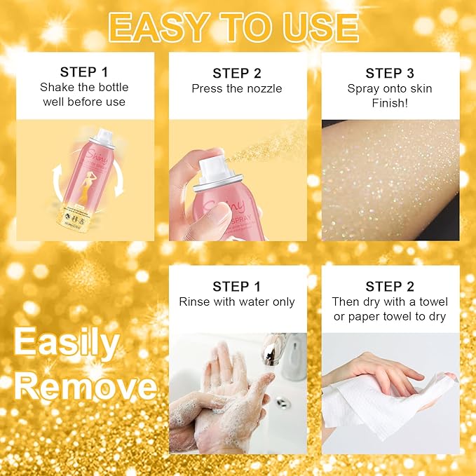 Hair and Body Glitter Spray, 60ml Gold Glitter Hairspray Dry Powder Makeup for Clothes, Festival Rave Prom Loose Sparkle Powder,Holographic Ultra Fine Glitters for Crafts (Gold)