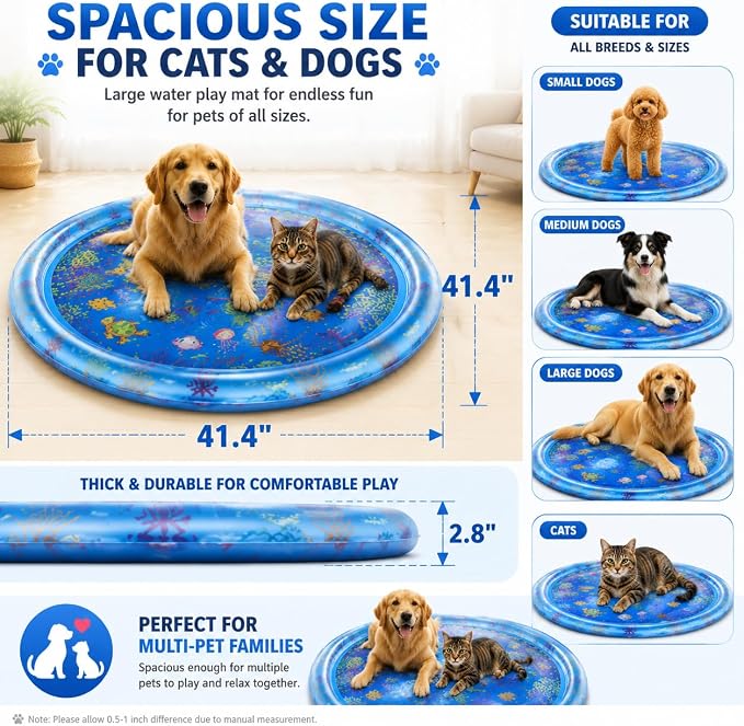Cat Water Mat for Indoor Cats, Pet Water Sensory Play Mat for Cats & Dogs, Interactive Water Toy Mat with Durable PVC, Summer Activity Mat for Pets, Indoor Outdoor Use, 41.4 x 41.4 x 2.8 Inches