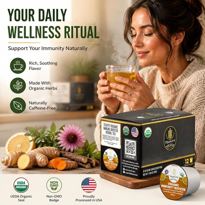 Organic Ginger Tea Pod with Echinacea, Turmeric, and Licorice for Keurig, Decaf by Teavity (12 Tea Pods)