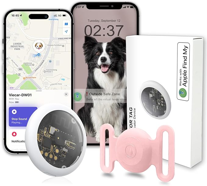 GPS Tracker for Dogs, Mini GPS Pet Tracker with Silicone Cover, IPX8 Waterproof GPS Tracker for Kids,No Monthly Fee,Work with Apple Find My(iOS Only),Dog Tracker Finder Tracker Pets-Pink-5