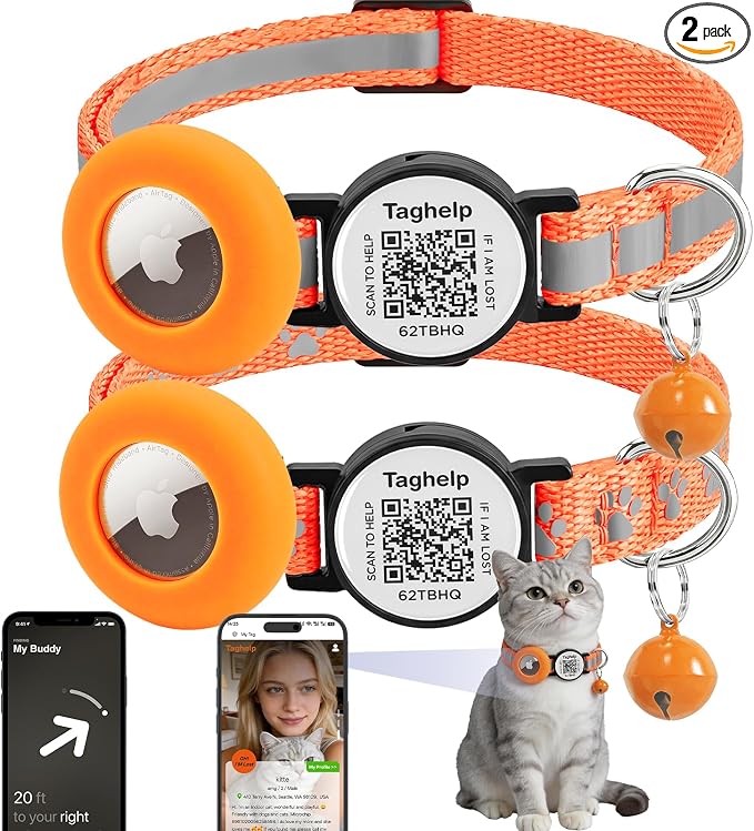 2 Pack Airtag Cat Collar, Breakaway Cat Airtag with Smart ID tag & QR Code Reflective (Reflective Strip & Paw Pattern - Orange, with Integrated AirTag Holder)