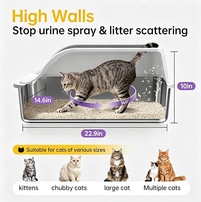 High-Sided Stainless Steel XL Cat Litter Box for Cats | High-sided design prevents urine leakage. Non-stick and easy to clean. Includes scoop (Gray)