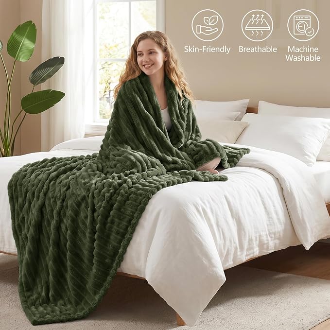 Olive Green Throw Blanket for Couch & Bed, 50 x 60 Inch | 300GSM Ribbed Fleece Blanket, Soft, Cozy & Lightweight, OEKO-TEX Certified, All-Season Use for Travel, Dorm & Home Decor