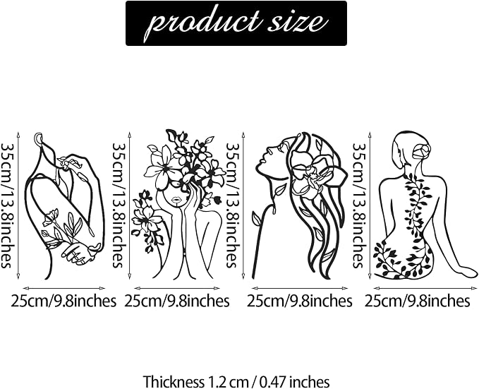 Photect 4 Pieces Metal Wall Art Decor Black Single Line Art Drawing Minimalist Abstract Female Woman Wall Sculptures Hanging Decor Accents for Bathroom Living Room(Modern)