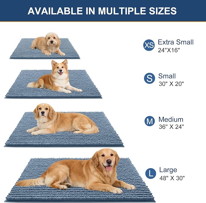 OLANLY Dog Door Mat for Muddy Paws 47x20, Extra Absorbent Chenille Mud Mat | Airy Blue, Absorbs Moisture and Dirt, Non-Slip Machine Washable Doormat, Quick-Drying Indoor Entryway Floor Mat for Dogs