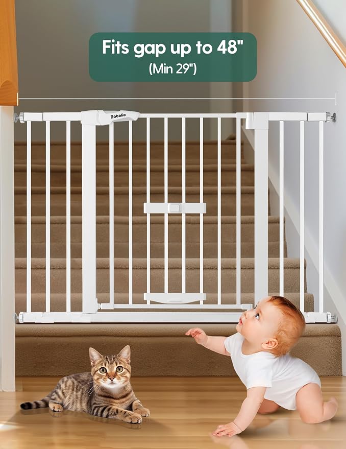 Babelio Extra Wide Baby Gate with Cat Door, CatPrivilege II, 29-48" | Auto-Close Metal Pet Door for Stairs, Doorways & House, Pressure/Hardware Mounted, Easy Walk Thru, White