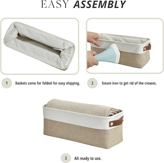DECOMOMO Narrow Storage Bins, Small Storage Baskets for Shelves 4 Pack | Baskets for Organizing Bathroom, Toilet Tank, Gifts (Beige & White)