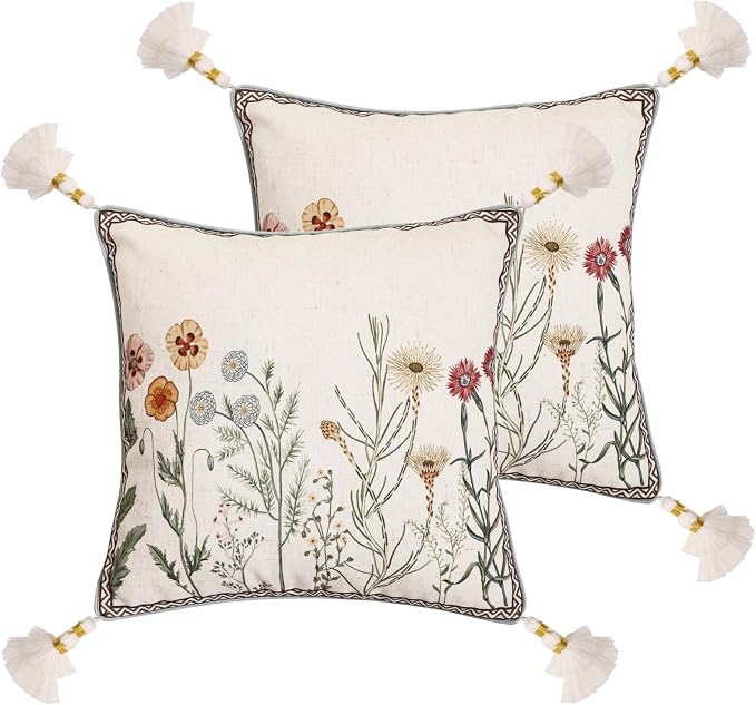 Designer Linen Throw Pillow Cover,Set of 2,18"x18"-Serenity D | Vintage French Elegant Square Decor Pillow Cover,Concealed Zipper Design,Light Beige,Sofa,Bedroom,Living Room,Chairs