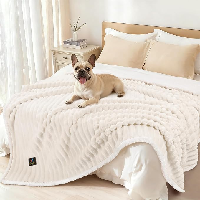 Luciphia Waterproof Dog Blanket, Washable Reversible Flannel Pet Throw | Reversible fleece cover for couch, bed, and crate; calming, and claw-resistant for dogs, cats, puppies White L(65''x57'')