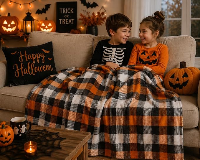 Fall Soft Fleece Throw Blanket, Orange Black White Plaid, 50x70 Oversized | Warm Cozy Fabric , Farmhouse Harvest Colors, For Living Room Sofa Couch Bed Chair Dorm Outdoors, Seasonal Gift or Home Décor