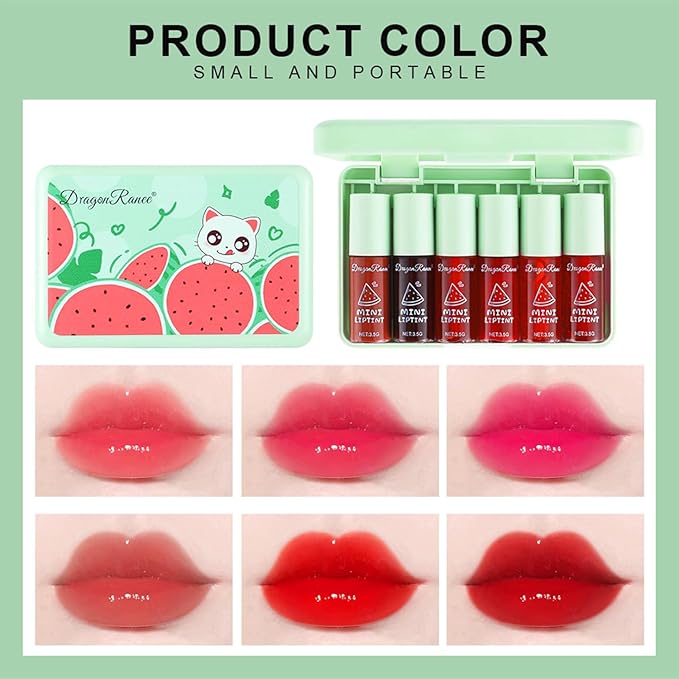 6 Colors Watermelon Lip Stain Set, Korean Velvet Watery Lip Tint Moisturizing Mini Liquid Lip Gloss, Lipstick for Women, Blush for Cheeks, St. Patrick’s Day Gift, Easter, Long-Lasting, High Pigment