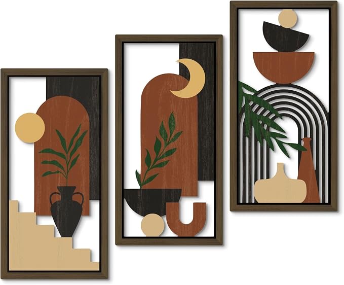 Putuo Decor Boho Wall Art Set of 3 Modern Minimalist Wooden Wall Decor Abstract Terracotta Room Decorations Mid Century Artwork for Living Room Bedroom Office in Terracotta Noir 16.5 x 8.6 Inch