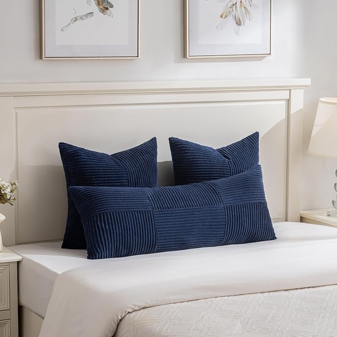 Fancy Homi Set of 1 Navy Blue Boho Long Lumbar Body Decorative Throw Pillow Cover 21x54 Inch for Bed Couch Bedroom Bench, Soft Patchwork Corduroy Textured Pillow Case, Rustic Farmhouse Room Decor