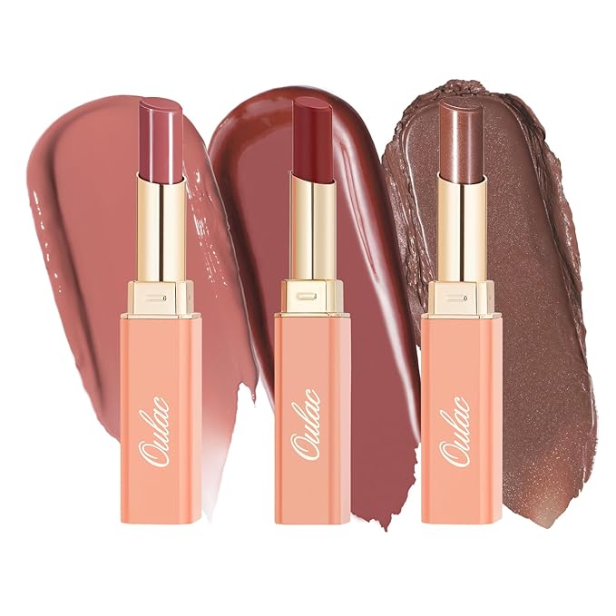 Oulac Moisturizing Shine Lipstick For Women Christmas Set 3PCS, 2 in 1 Tinted Lip Balm for Winter, Hydrated Juicy and Glossy Lip Color for Dry, Cracked and Chapped Lips, Vegan 02+03+17