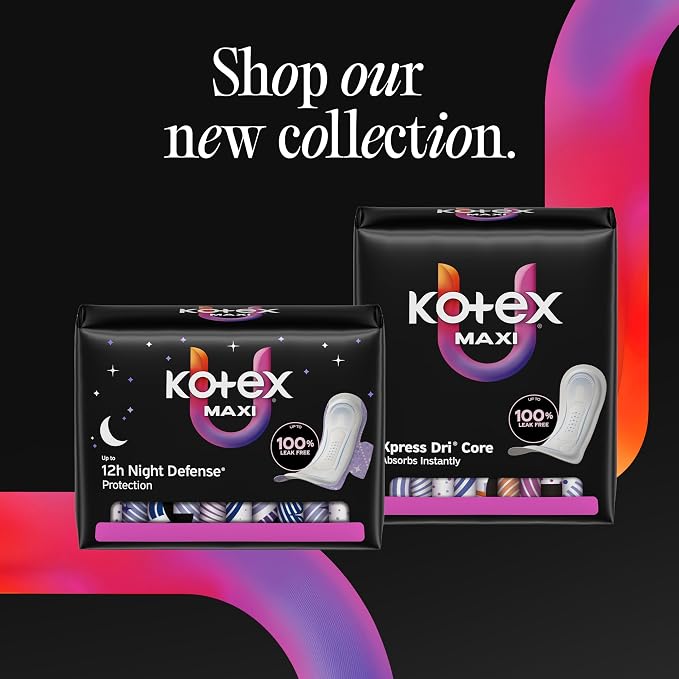 Kotex Overnight Maxi Pads with Wings, 78 Count (3 Packs of 26)(Packaging May Vary)