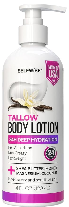 Beef Tallow Body Lotion with Magnesium & Shea Butter - Lightweight, Fast-Absorbing Body Cream with Avocado Oil & Vitamin E - Non-Greasy Moisturizer for Dry, Sensitive Skin - Daily Hydration, 4oz