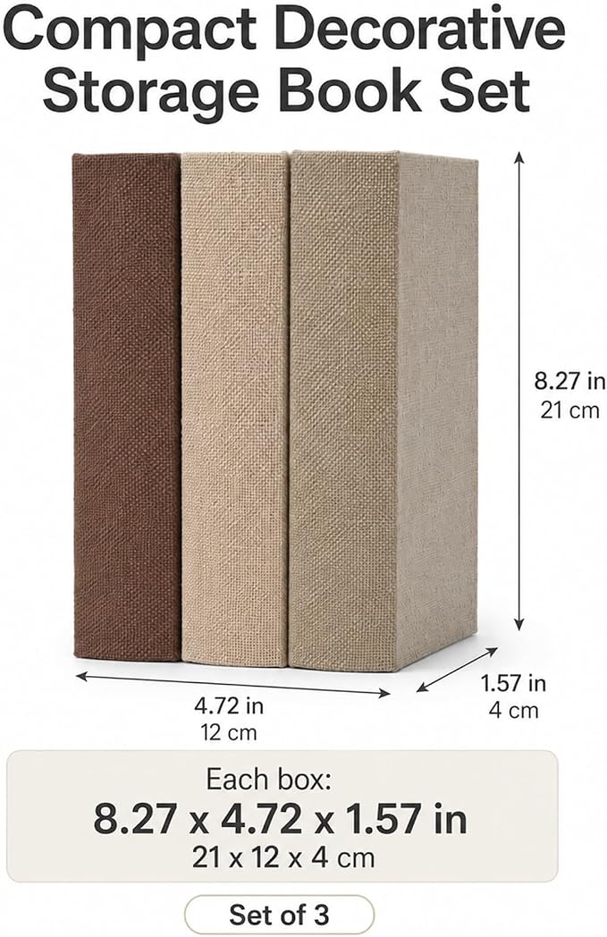 DECOR4SEASON Modern Linen and Wood Decorative Faux Book Boxes Set of 3, 8" | Stackable Storage Boxes for Shelves, Coffee Table, and Office Organization (Earth Tones)