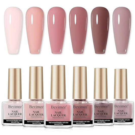 Pink Quick Dry Nail Polish Set 6 Colors Vegan Nail Lacquer Nude Brown Air Dry Glitter Fingernail Polish Regular Neutral Wedding Color Non Gel DIY Salon Gift for Women