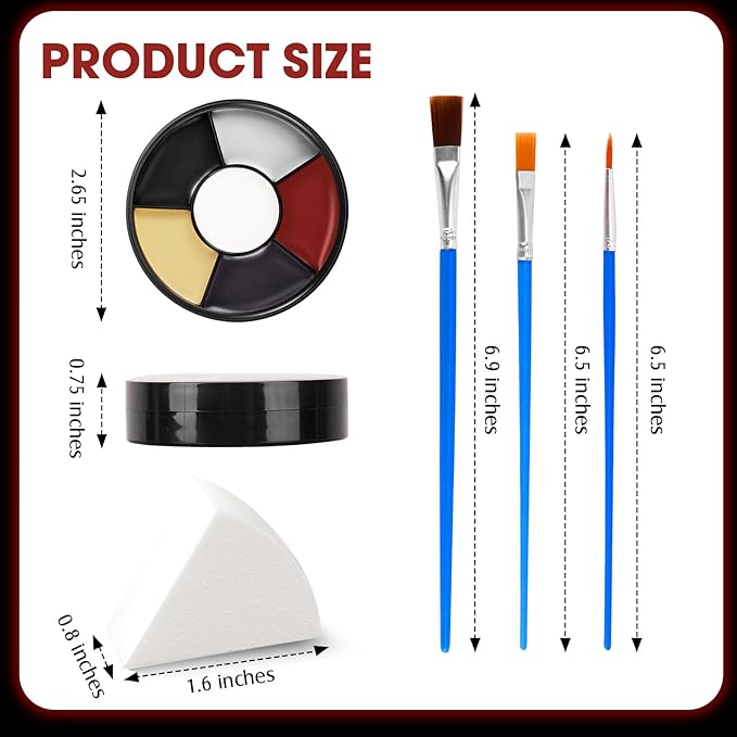 6 Colors Halloween Face Body Paint + 6pc Sponge + 3pc Brush, Black Red White Yellow Bruise SFX Makeup, Face-Paint Body Paint Halloween Makeup Kit for Zombie Clown Vampire Skeleton Joker Costume