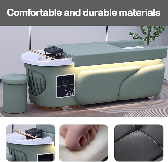 Head SPA Bed - Shampoo Bed with Sage Green Curved Sleek Style, Head SPA Equipment & Massage Table Includes Water Circulation, Ambient Light, with Stool