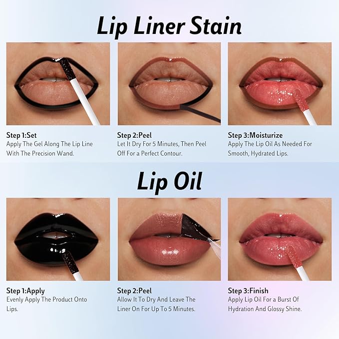 KIMUSE Lip Stain Peel Off & Lip Oli Set, Long Lasting Lip Liner Stain, Waterproof, Transfer-Proof, Hydrating Shine Lip Oil with Vitamin E & Jojoba Oil