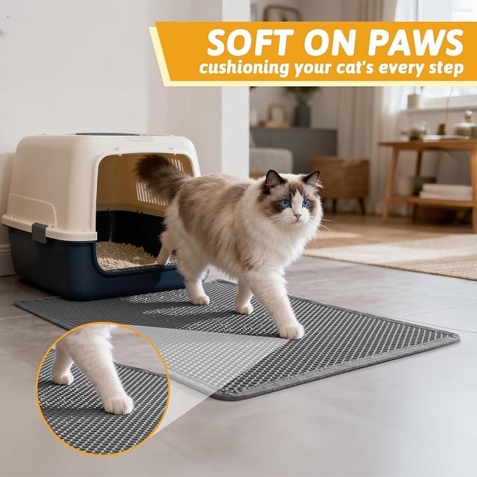 Pieviev Litter Box Mat, Double-Layer Urineproof Design, 30" x 24" Gray | Honeycomb Litter Trapping Mat Captures Scattered Particles to Stop Tracking, Waterproof Base Protects Floors, Easy to Clean