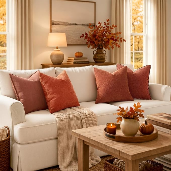 MIULEE Pack of 2 Burnt Orange Decorative Fall Pillow Covers 18x18 Inch | Soft Chenille Couch Autumn Throw Pillows Farmhouse Cushion Covers for Home Decor Sofa Bedroom Living Room