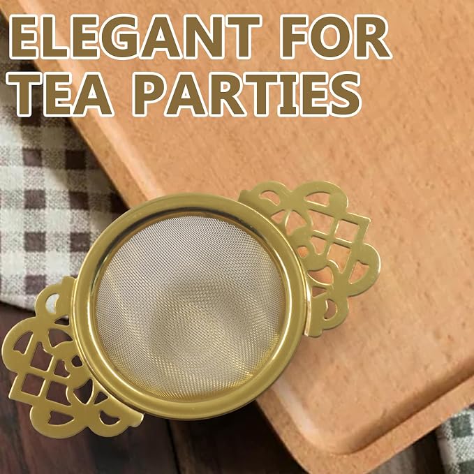 2 Pack Fine Mesh Tea Strainers with Drip Bowls, Stainless Steel Loose Leaf Tea Filter, Double Wing Handles for Mugs & Cups 2.5-4 Inch Mouth, Gold