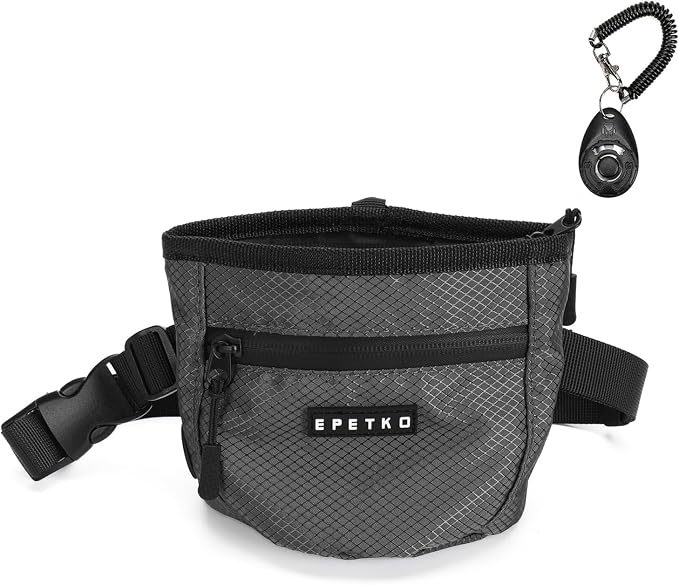 Dog Treat Pouch with Training Clicker, Treat Bag Fanny Pack with Magnetic and Zipper Closure Waterproof and Durable Treat Pouches for Pet Training Walking (Gray)