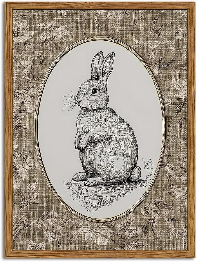 Framed Vintage Rabbit Wall Art, Cute Easter Bunny Pictures Wall Decor, Rustic Farmhouse Animal Paintings Canvas Prints Cottagecore Home Decor for Nursery Living Room Bedroom 16x24 inch
