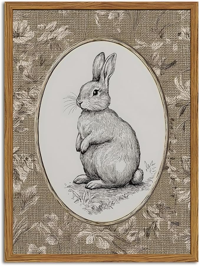 Framed Vintage Rabbit Wall Art, Cute Easter Bunny Pictures Wall Decor, Rustic Farmhouse Animal Paintings Canvas Prints Cottagecore Home Decor for Nursery Living Room Bedroom 12x16 inch