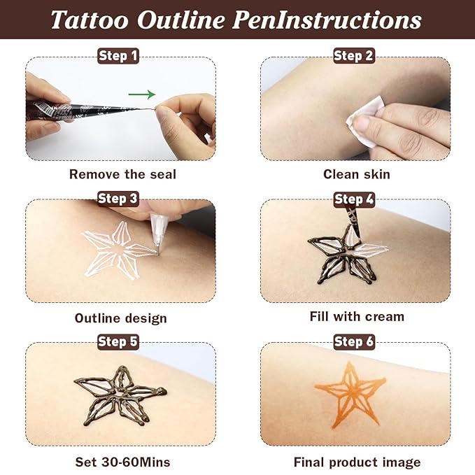 Brown Temporary Tattoo Kit,Temporary Tattoos Stencils Kit (3pcs Brown tattoo cones 4 Reusable Templates 1Pcs Tattoo Outline Pen)， Waterproof,DIY Body Art for Women Men