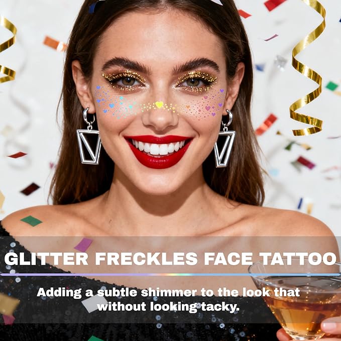 Glitter freckles, Holographic Face and Body Glitter Rave Outfits Fairy Makeup Kit Tattoo Sparkle for Women Gold Glow Cosmetic Star Makeup Accessories for Festival Rave