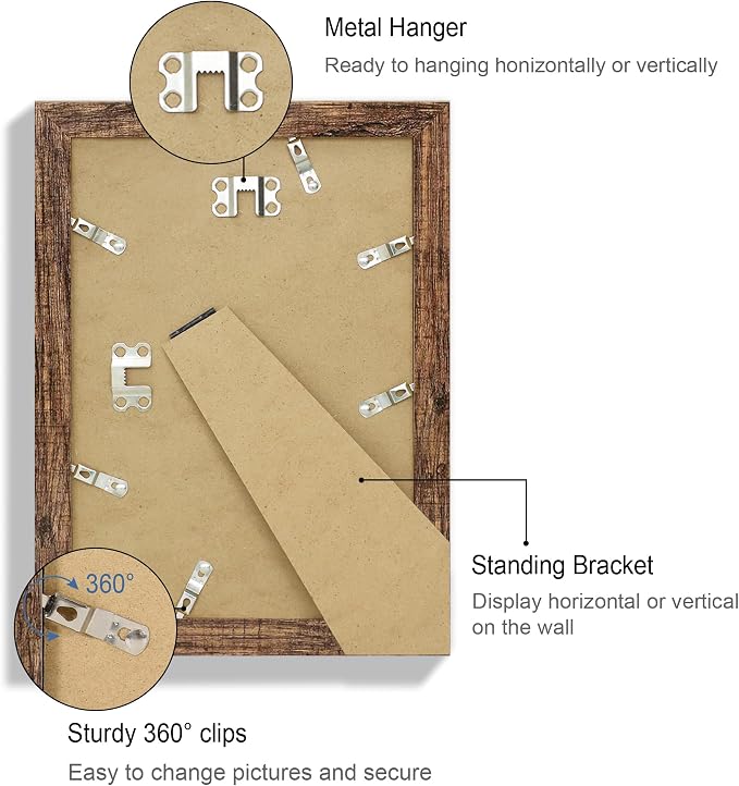 Hongkee 7x10 Picture Frame Set of 4, Made of Real Glass and Rustic Brown Frame - Display 5.5 x 8.5 Diploma Frame with Mat or 7x10 Without Mat, 7 by 10 Photo for Wall or Tabletop