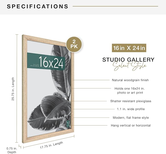MCS Studio Gallery 16x24 Poster Frame Natural Woodgrain Engineered Wood, Vertical & Horizontal Wall Hanging Large Picture Frame for Photos, Posters & Art Prints (2-Pack)