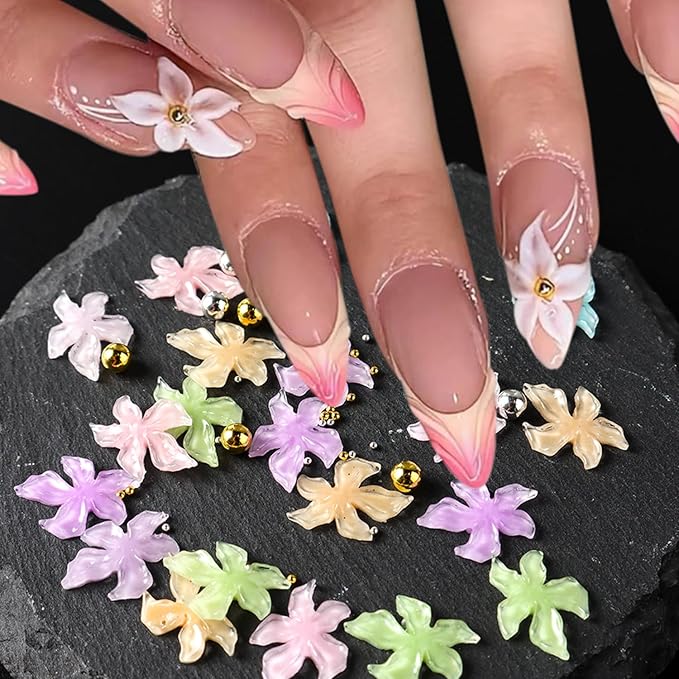 Summer Flower Nail Charms 3D Hibiscus Flowers for Nails Gems Spring Nail Jewelry with Rhinestones Acrylic Nail Art Color Ice Lily Floral Charms for Women Manicure Nail Decoration DIY Crafts