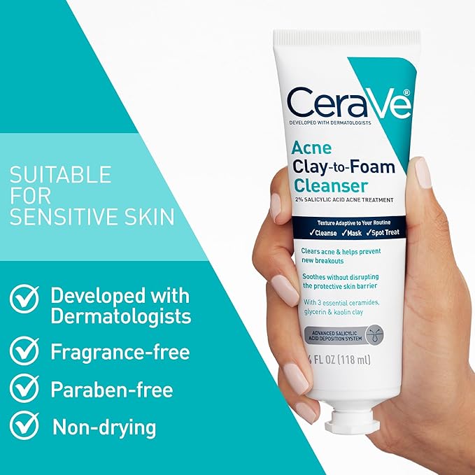 CeraVe Clay To Foam Acne Face Wash,Salicylic Acid & Kaolin Clay Acne Spot Treatment Clears Pimples & Blackheads, Prevents Breakouts, Hydrates & Soothes, Fragrance-Free, Non-Comedogenic,4oz,(Pack of 2)