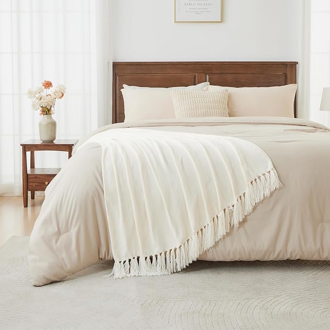 CozeCube Chenille Throw Blanket, Cream White Fringe Blanket, 60"X80" | For Couch, Cozy Plush Fuzzy Decorative Blanket with Fringe Tassels, Lightweight Throws for Bed Sofa Gift Home Decor
